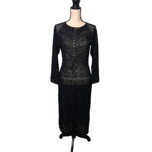 Black Beaded Sheer Mesh Dress Size M Long Sleeve Midi Sheath Goth Retro Whimsy
